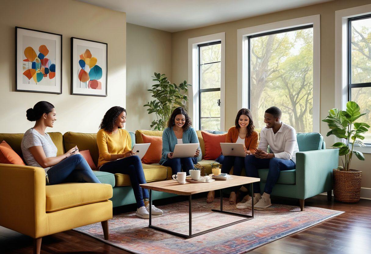 A cozy living room scene showcasing a family discussing their health insurance options with laptops and a tablet on the coffee table. Various icons representing different types of insurance (health, home, auto) float in the background, symbolizing comprehensive online options. Soft, warm lighting creates a welcoming atmosphere. super-realistic. vibrant colors. 3D.