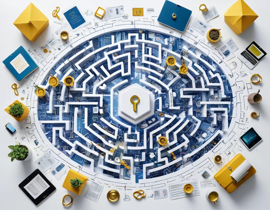 A visually engaging digital collage showcasing various elements of affordable insurance, including a maze representing solutions, a digital tablet displaying coverage options, and a key unlocking a safe filled with money bills and policy papers. Include diverse people discussing insurance plans, set against a backdrop of modern technology. super-realistic. vibrant colors. white background.